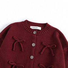 Long Sleeved O-neck Bowknot Red Cardigen