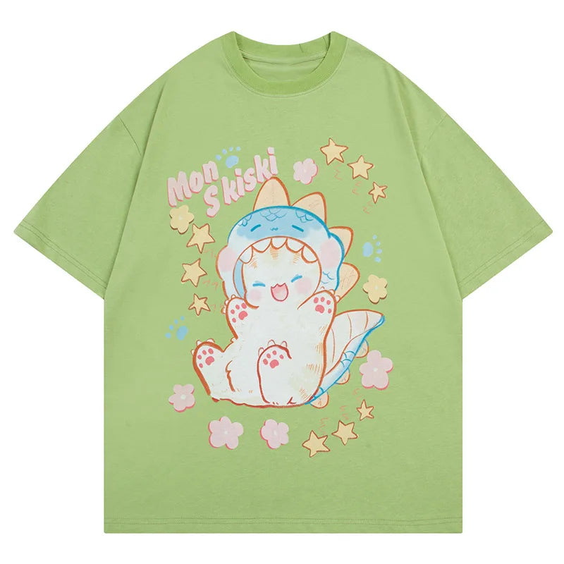 Funny Cat Cartoon Print Oversize T-Shirt
