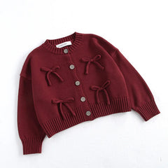 Long Sleeved O-neck Bowknot Red Cardigen