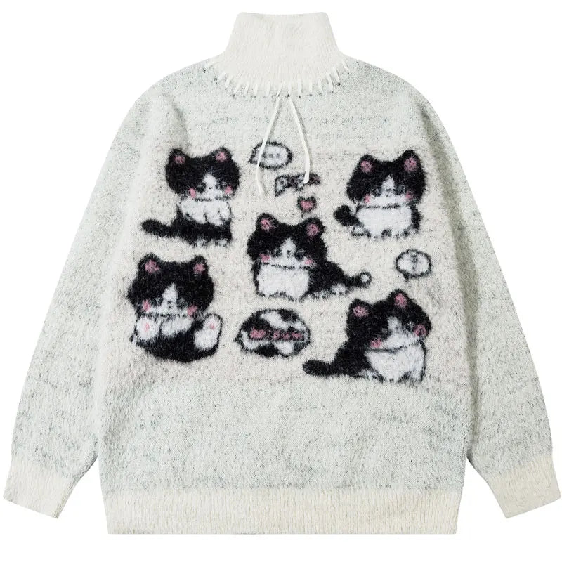 Y2k Turtleneck Cat Picnic Sweater