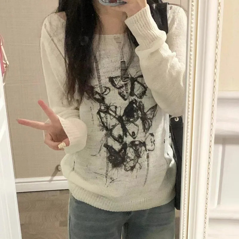 Y2K Abstract Butterfly Sketch Sweater