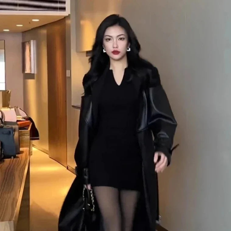 Luxury Leather Double Breasted Coat