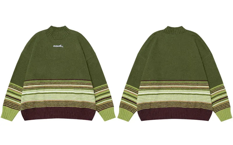 Y2K Knitted Stripe Patchwork Turtleneck Sweater
