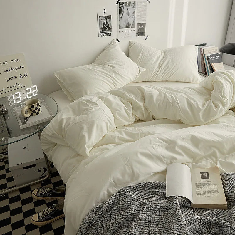 Bed Sheet Set Ins Style Double Color Washed Cotton   Bed Sheet Quilt Cover Sheet 3-piece Set Comforter Set Queen King Size