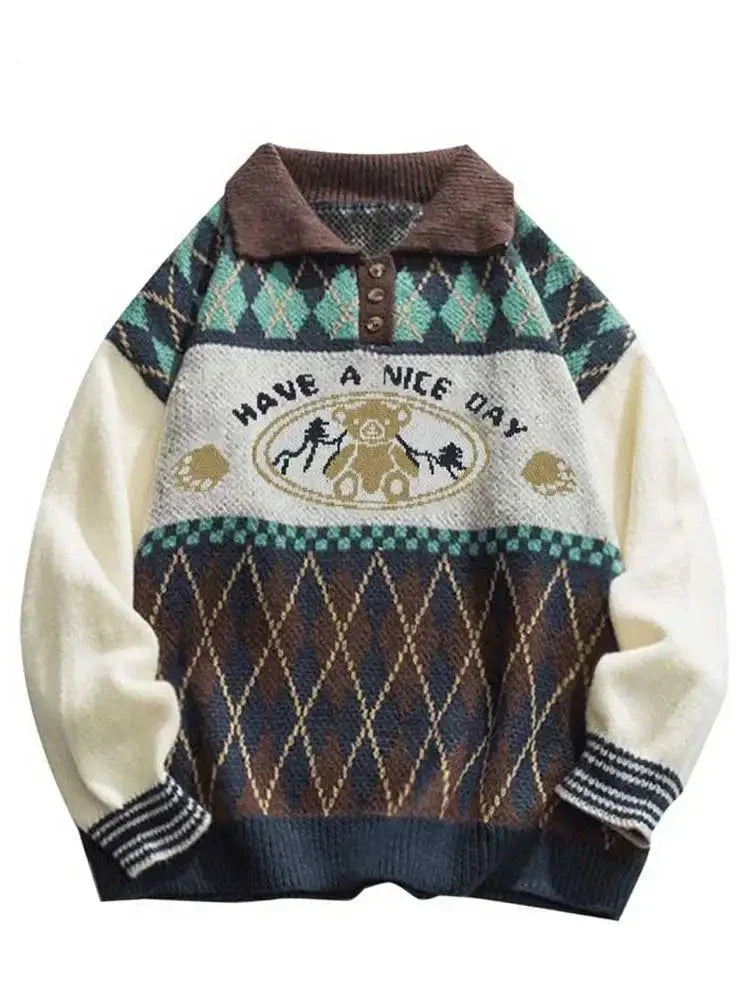Y2k Geometric Bear Pattern Buttoned Sweaters