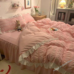 Ruffled Seersucker Duvet Cover Set 3/4pcs Soft Lightweight Down Alternative Grey Bedding Set with Bed Skirt and Pillowcases