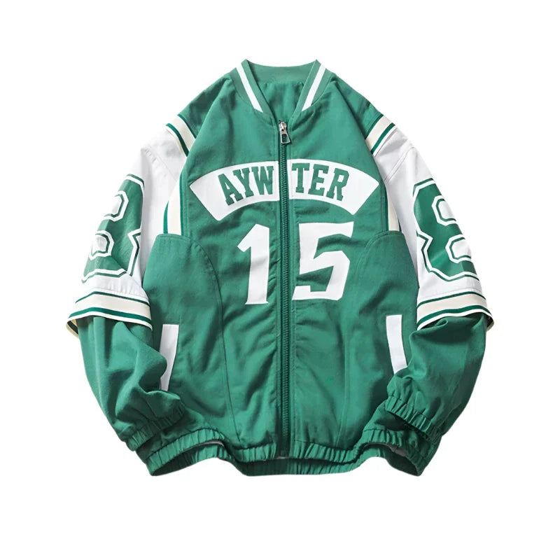 Retro Double-sleeved Green Varsity Jacket