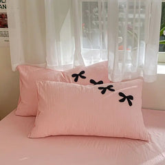Skin Friendly Washed Cotton Bow Towel Embroidered Duvet Cover Set NO Filler Girls Princess Home Bedding Flat Sheet Pillowcase