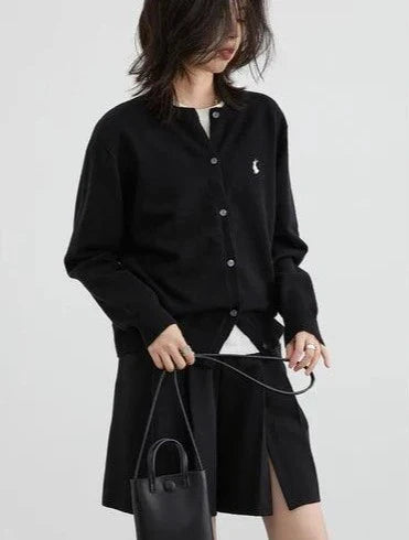 Solid Rabbit Embroidery Knitted Cardigan