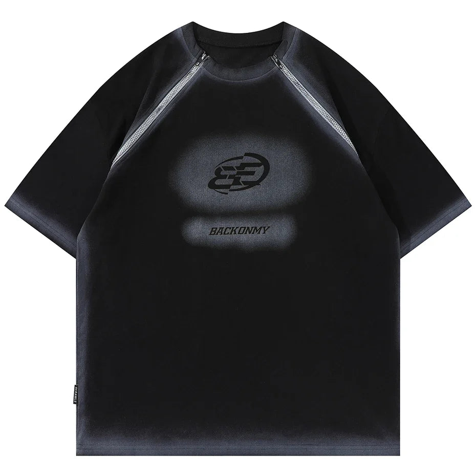 Y2K Double Zipper "BACKONMY" Black Oversized T-Shirt