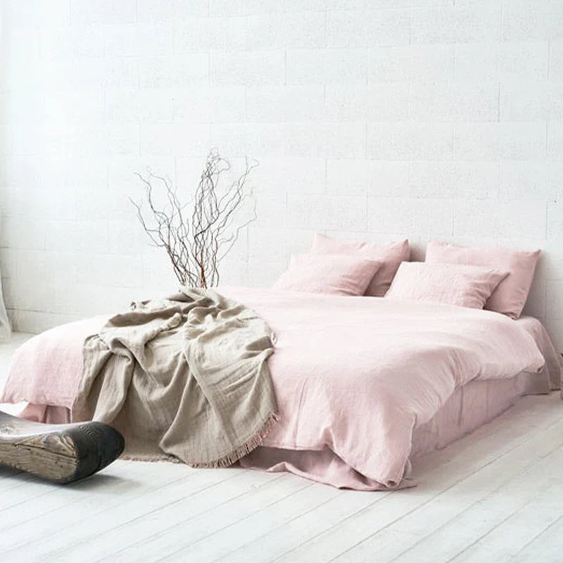 Pure Linen Bedding Set, Washed Bed Linens, Organic Flax Duvet Cover Pillowcases Fitted Sheet, Quilt Cover With Zipper Closure