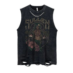 Metal Embellished Rose Washed Distressed Tank Top