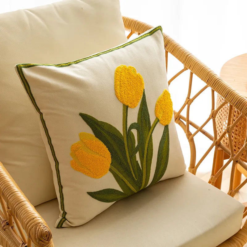 Pure Cotton EmbroideryTulip Spring Throw Pillow Covers 18x18 Set of 4 Outdoor Patio Cushion Cases Summer Garden Decorations Home