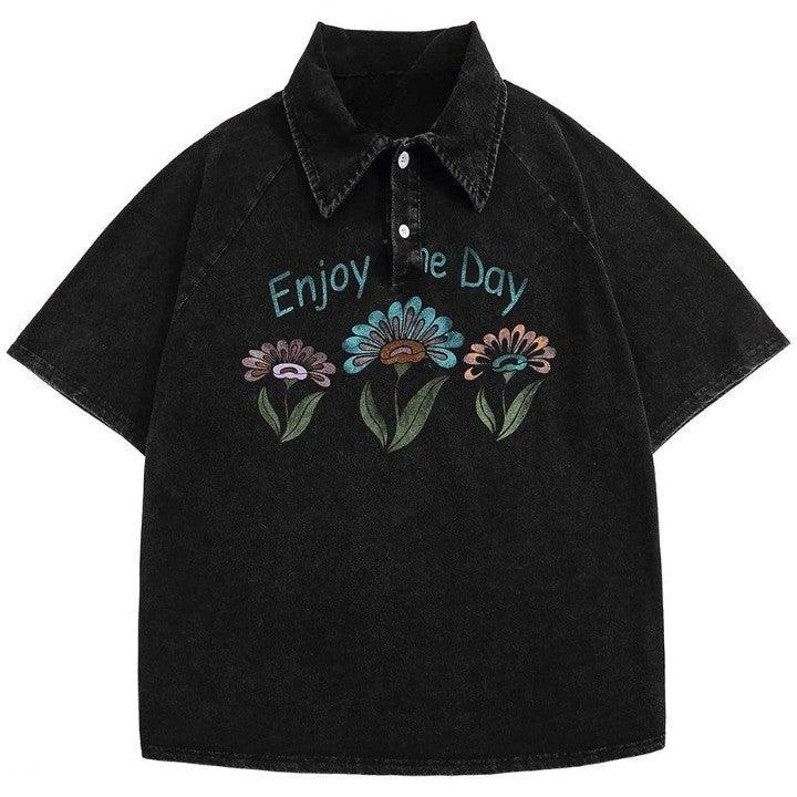 Vintage Flower Printed Polo T-Shirt