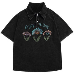 Vintage Flower Printed Polo T-Shirt