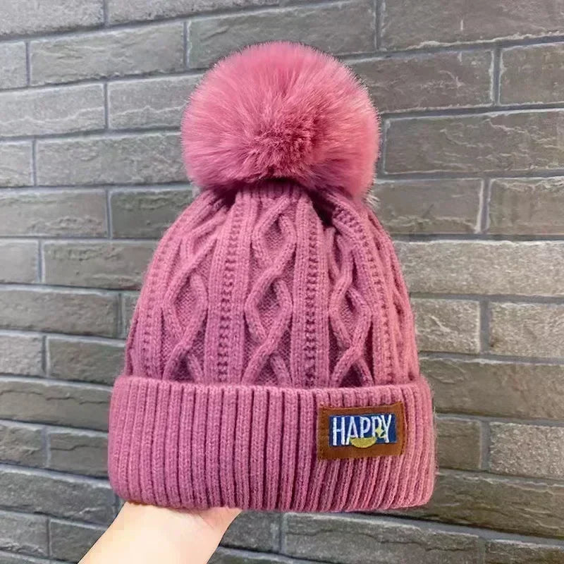 Winter Thick Fur Ball Knitted Beanie