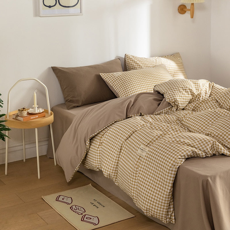 Japan Style Plaid Pattern Duvet Cover Set Queen Soft Skin Friendly Washed Cotton Bedding Set Home Textile Bed Linens Quilt Cover