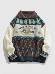 Y2k Geometric Bear Pattern Buttoned Sweaters
