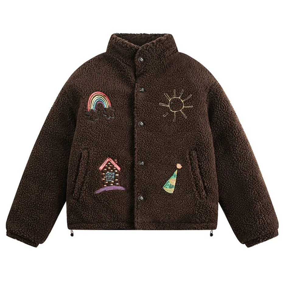 Embroidered Fleece Button-Up Jacket