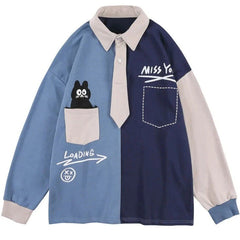 Retro 90s Pocket Cat Graphic Collar Shirt