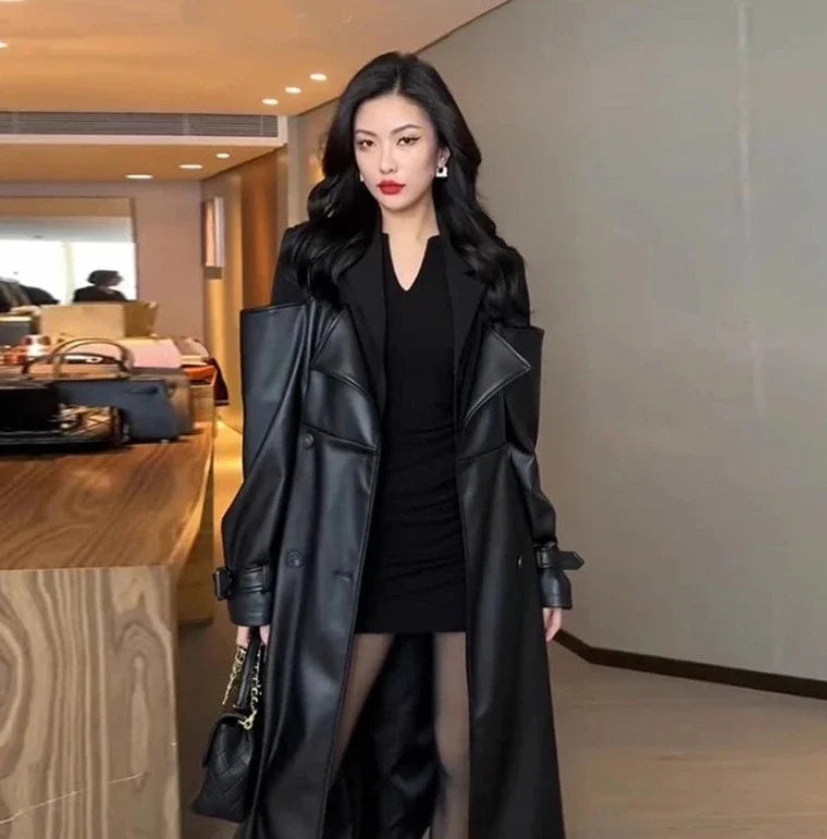 Luxury Leather Double Breasted Coat