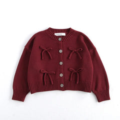 Long Sleeved O-neck Bowknot Red Cardigen