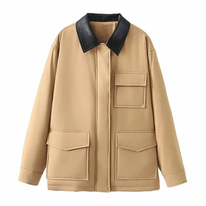 Faux Leather Contrast Sleeve Coat