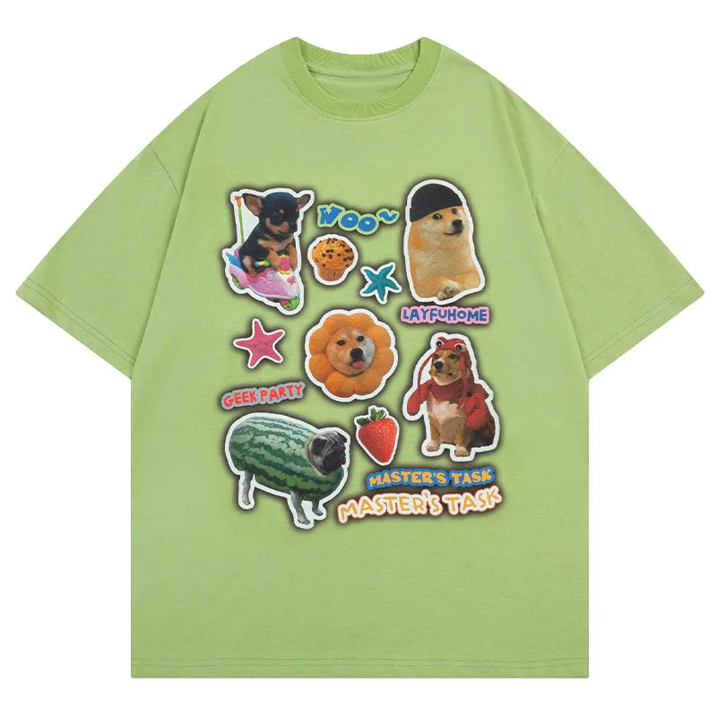 Cartoon Dog Photo Stickers Oversized T-Shirt