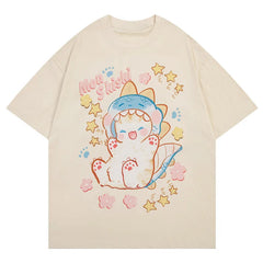 Funny Cat Cartoon Print Oversize T-Shirt