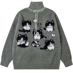Y2k Turtleneck Cat Picnic Sweater