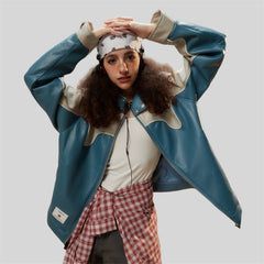 Waterproof Color block Leather Varsity Jacket