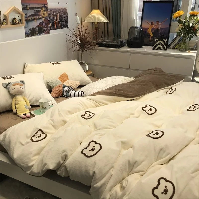 Fashion Style Pink Black Bedding Set Soft Flower Duvet Cover Pillowcase Bed Flat Sheet Set For Girl Double Queen King Bedclothes
