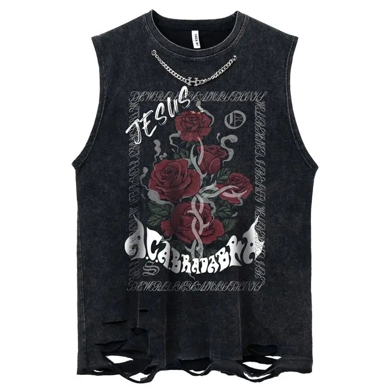 Metal Embellished Rose Washed Distressed Tank Top