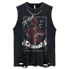 Metal Embellished Rose Washed Distressed Tank Top