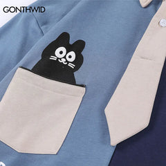 Retro 90s Pocket Cat Graphic Collar Shirt