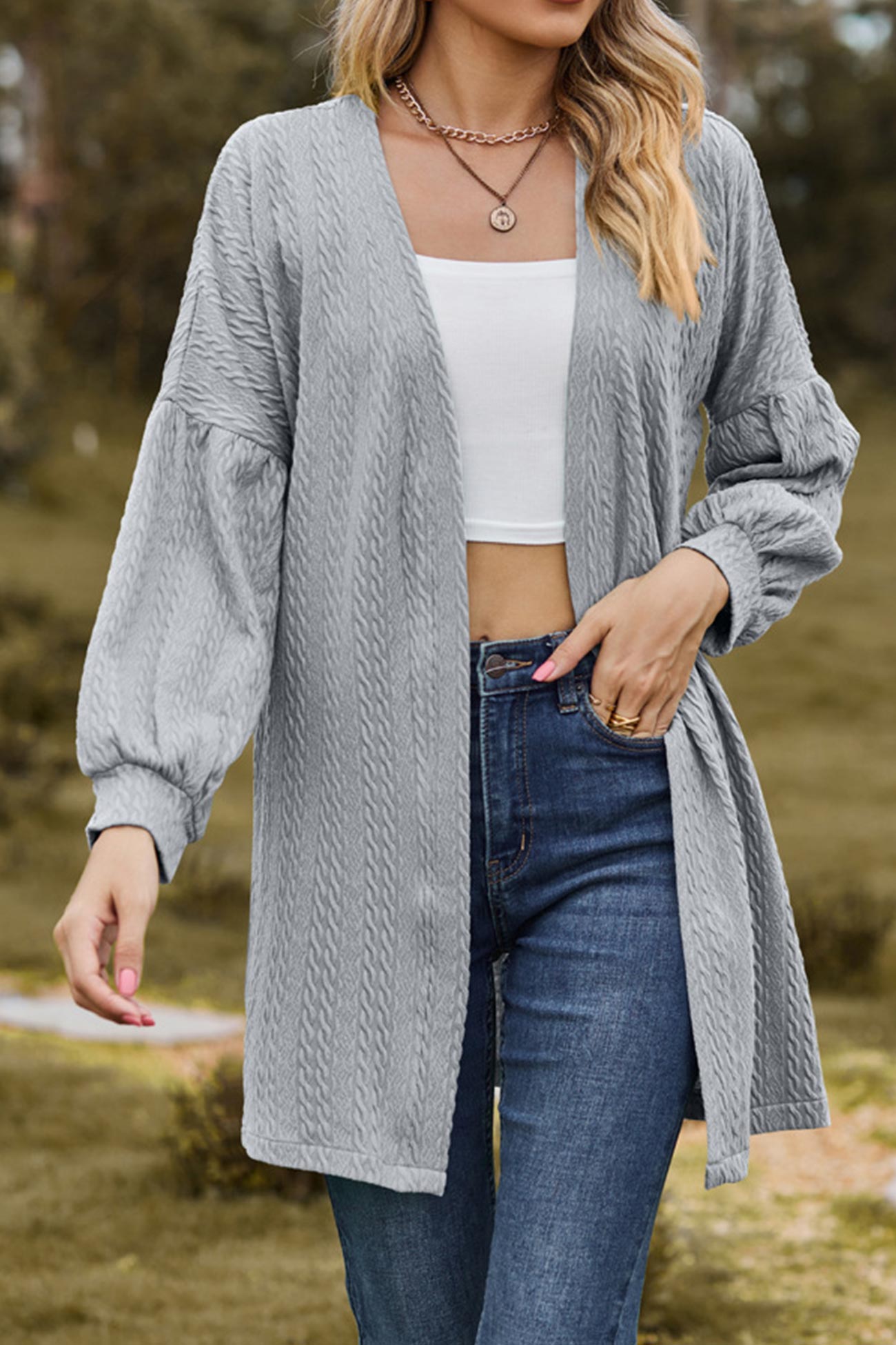 Solid Cable Knit Long Cardigan