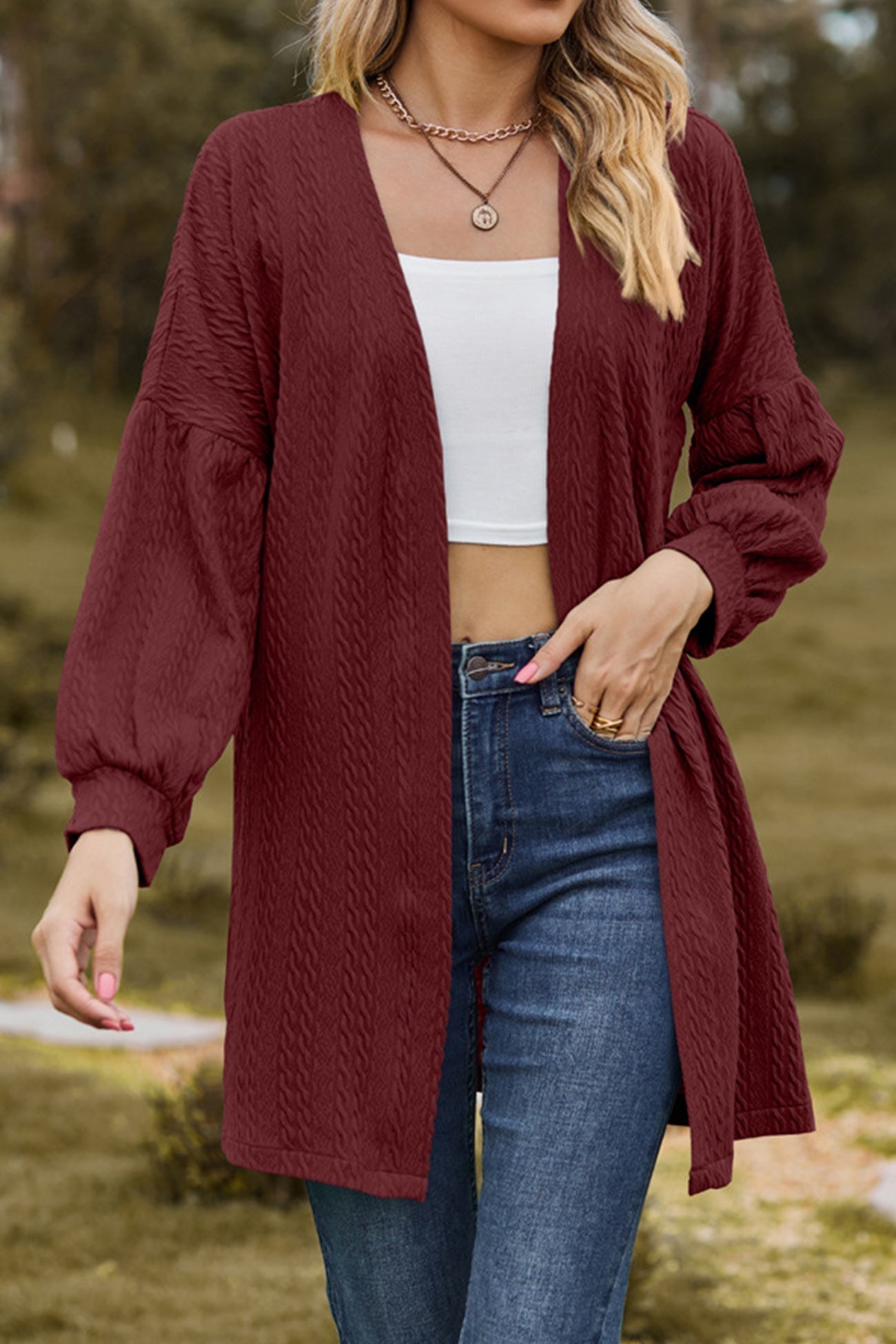 Solid Cable Knit Long Cardigan