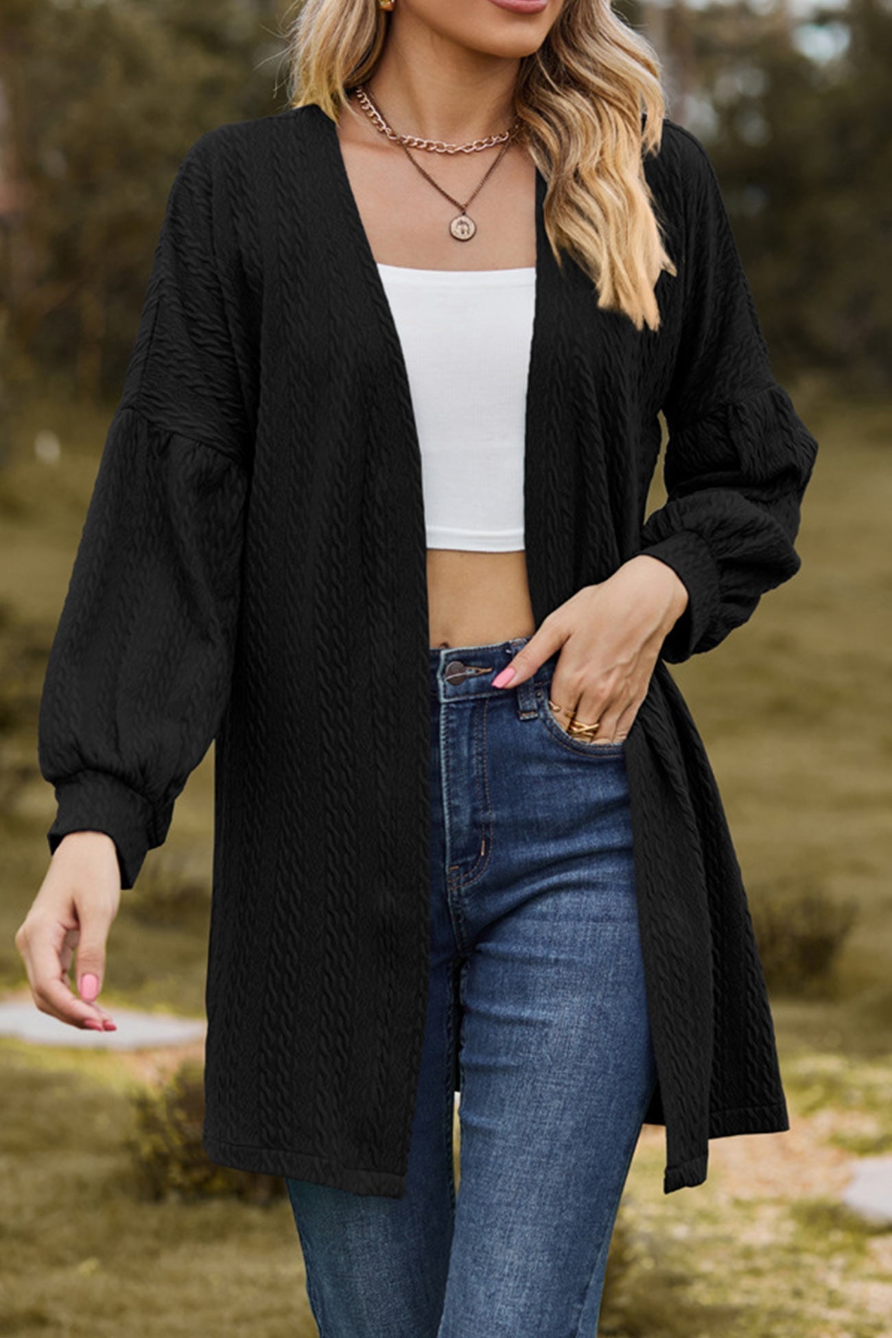 Solid Cable Knit Long Cardigan