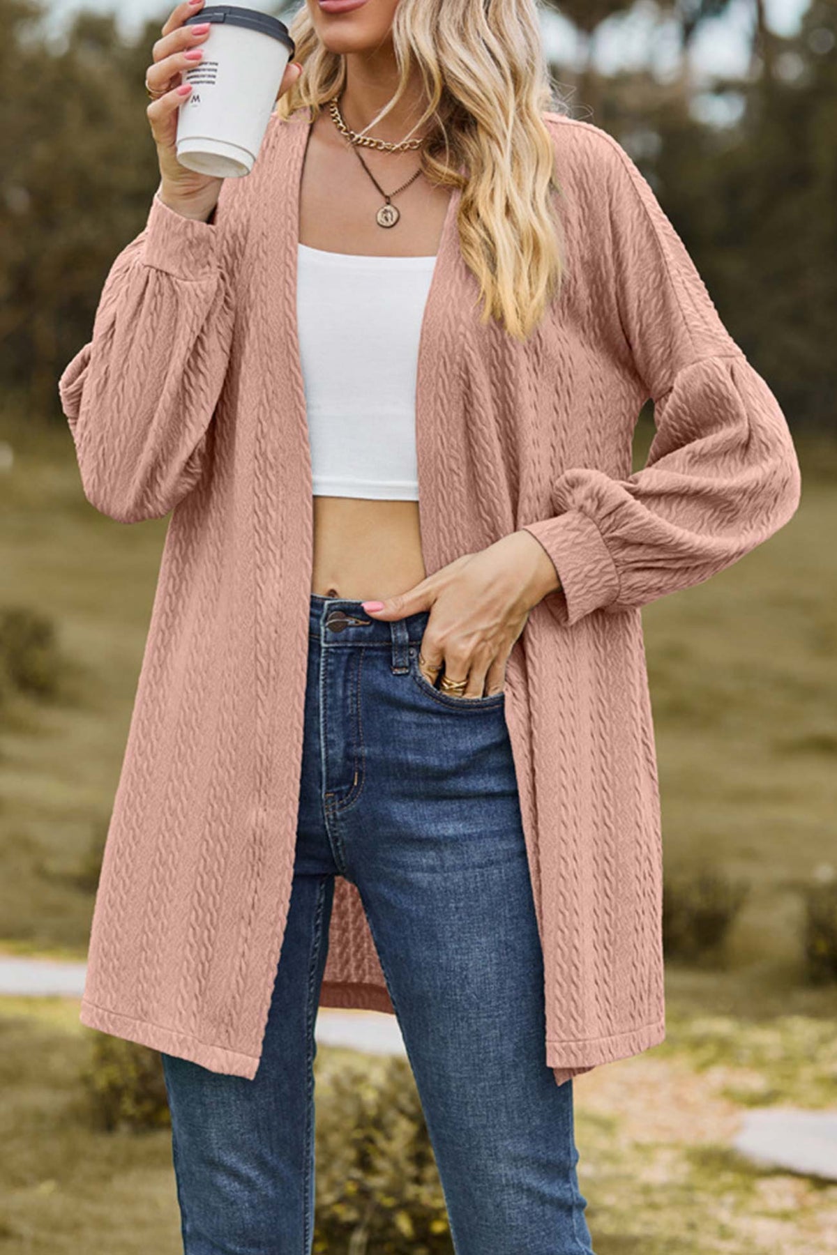 Solid Cable Knit Long Cardigan