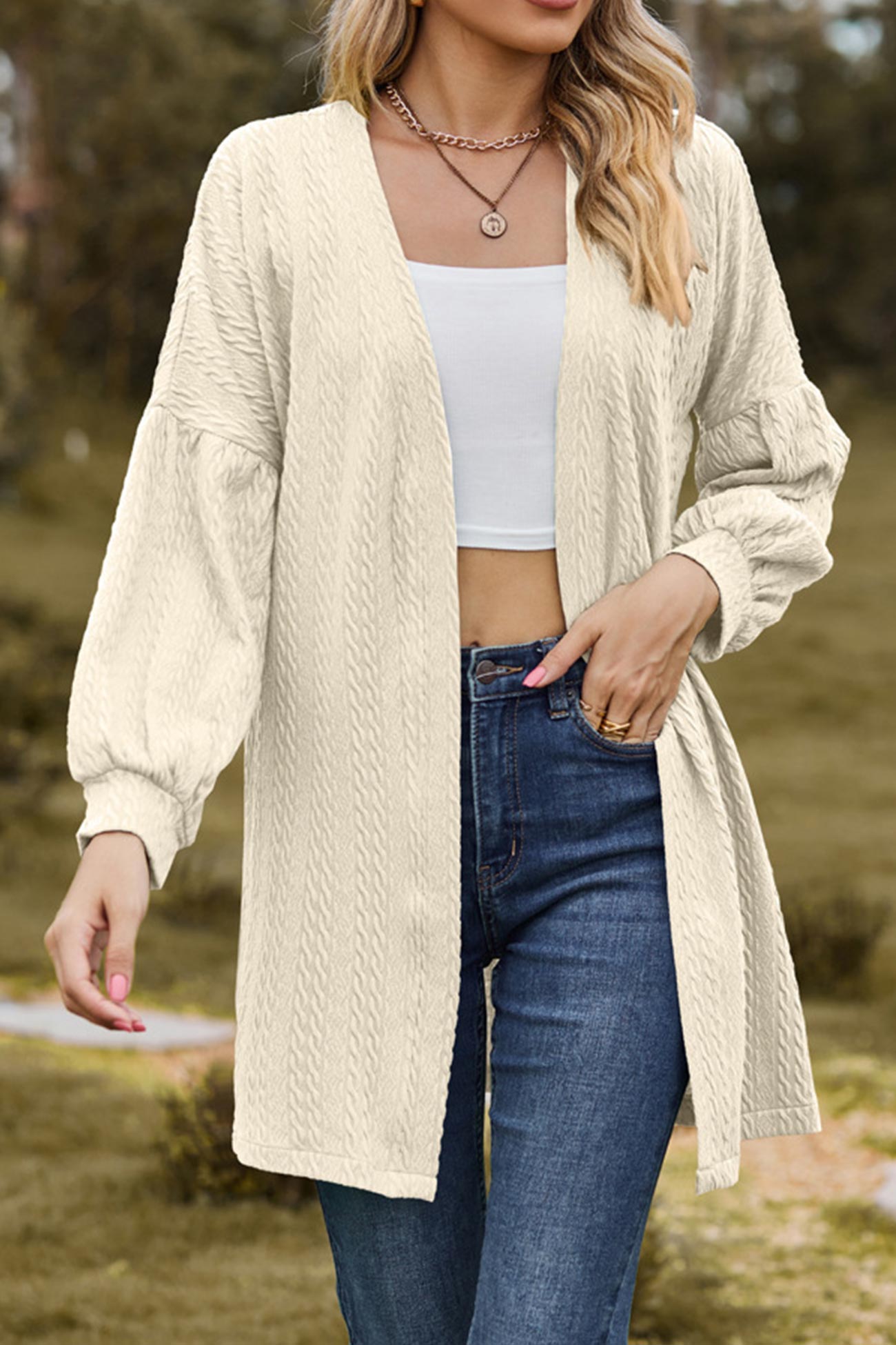 Solid Cable Knit Long Cardigan