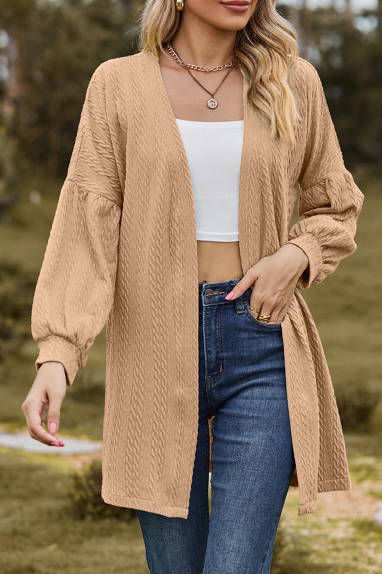 Solid Cable Knit Long Cardigan