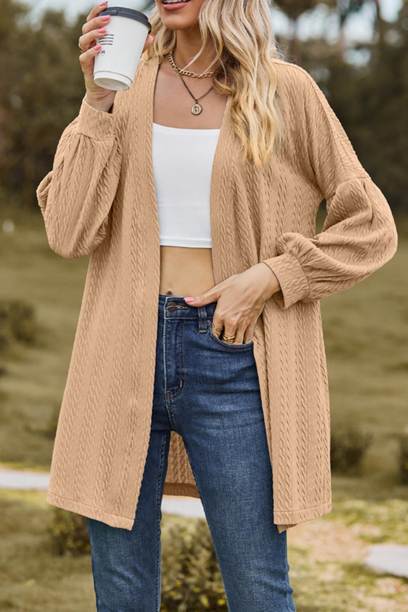 Solid Cable Knit Long Cardigan