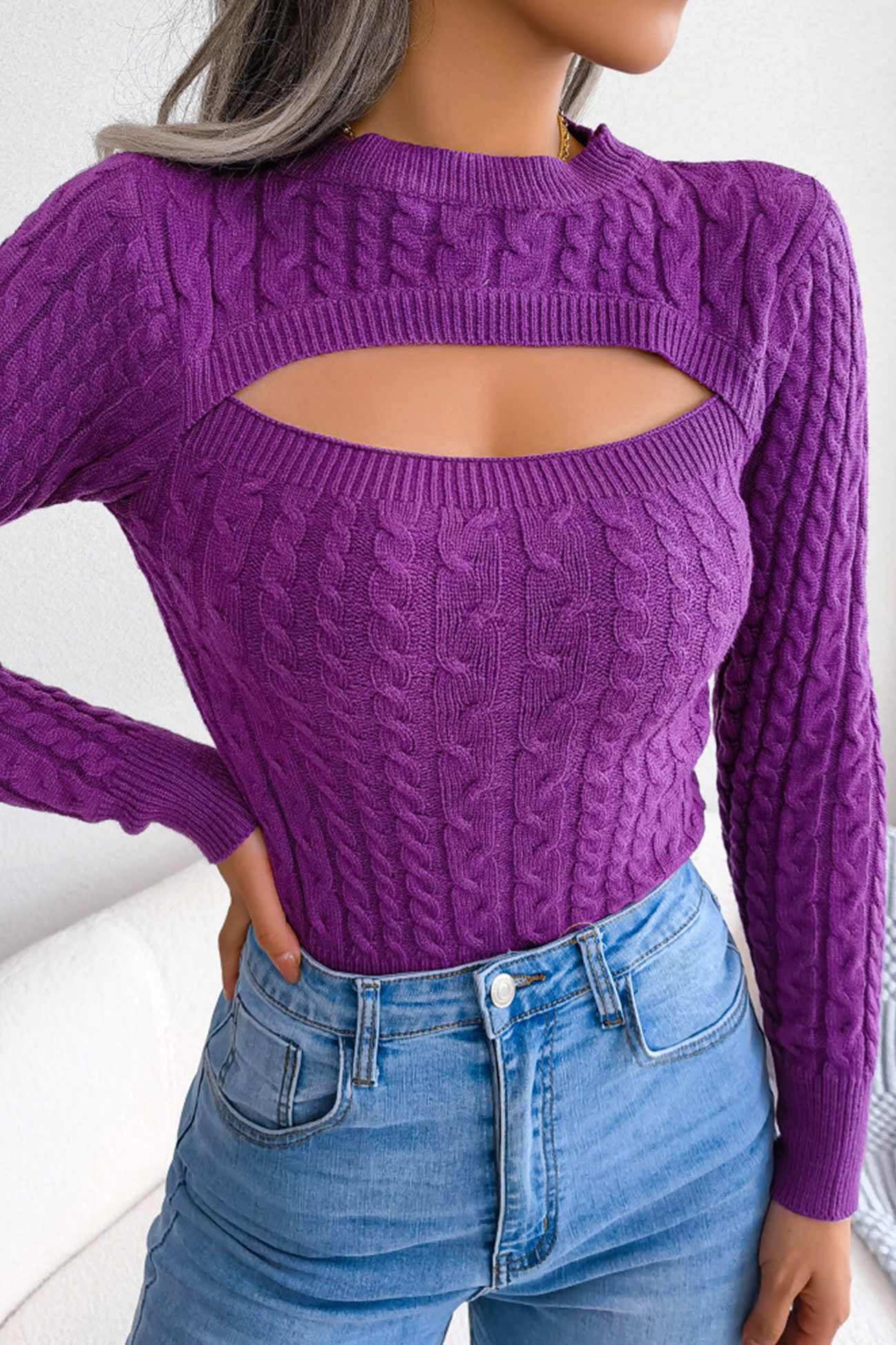 Solid Color Cable Knit Cut-out Sweater