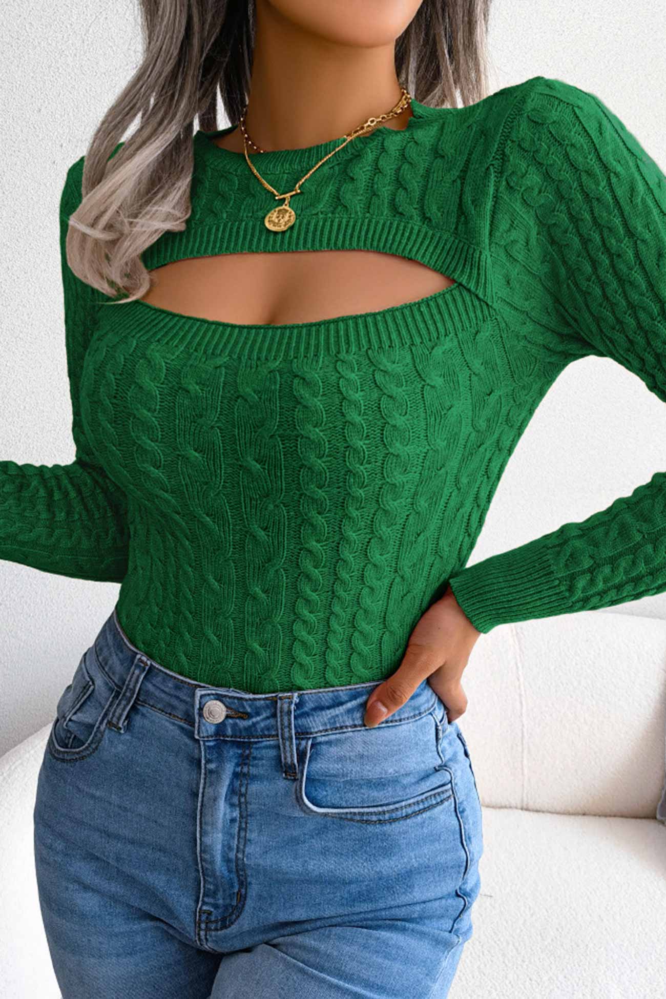 Solid Color Cable Knit Cut-out Sweater