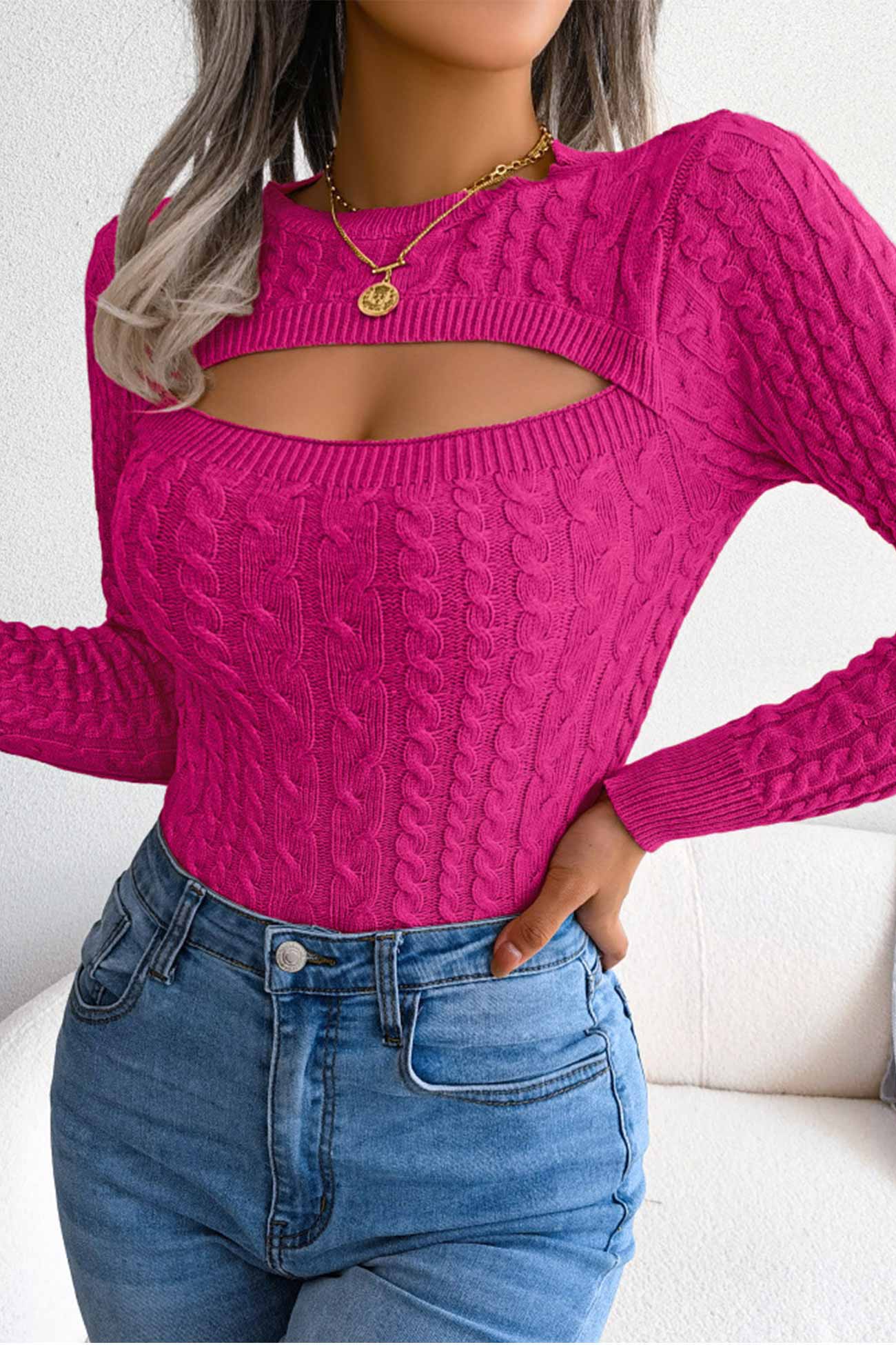 Solid Color Cable Knit Cut-out Sweater