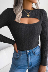 Solid Color Cable Knit Cut-out Sweater