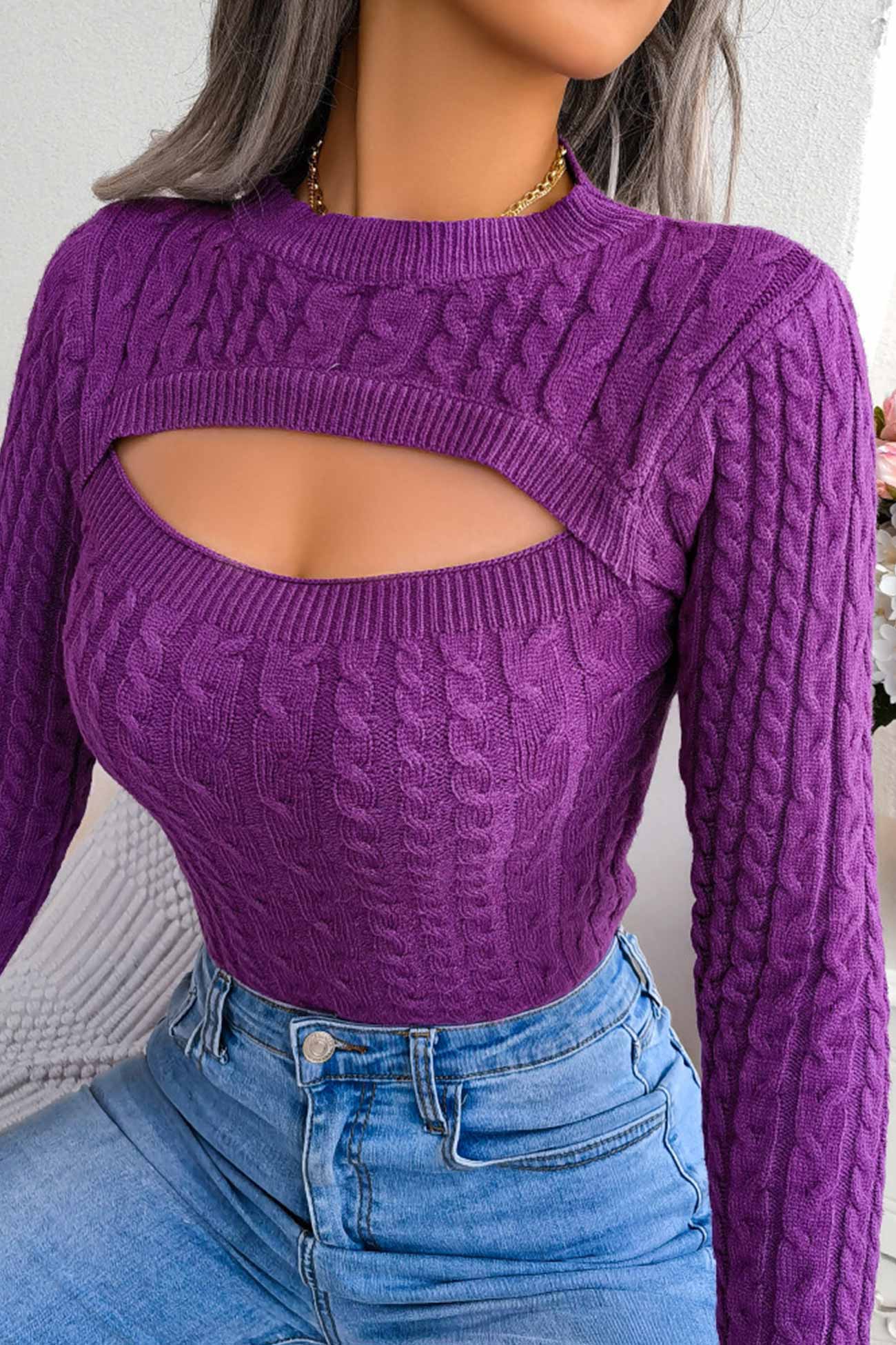 Solid Color Cable Knit Cut-out Sweater