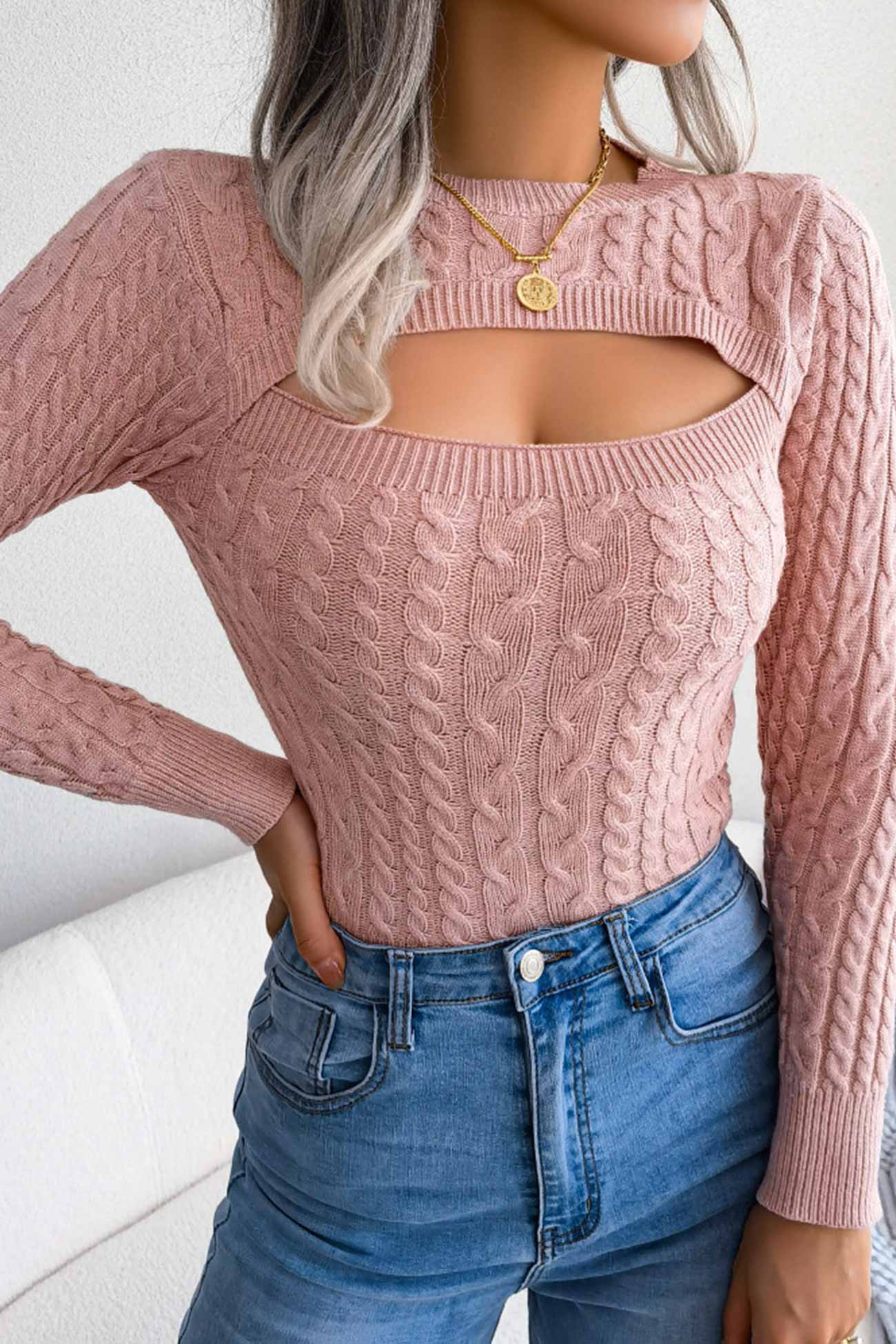 Solid Color Cable Knit Cut-out Sweater