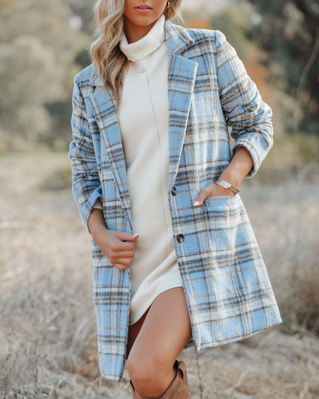 Stan Pocketed Plaid Coat - Light Blue