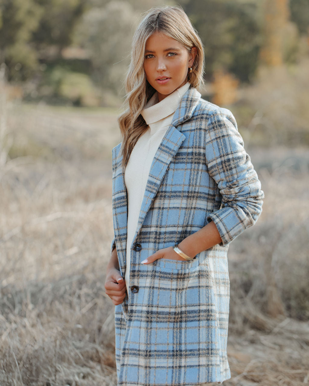 Stan Pocketed Plaid Coat - Light Blue